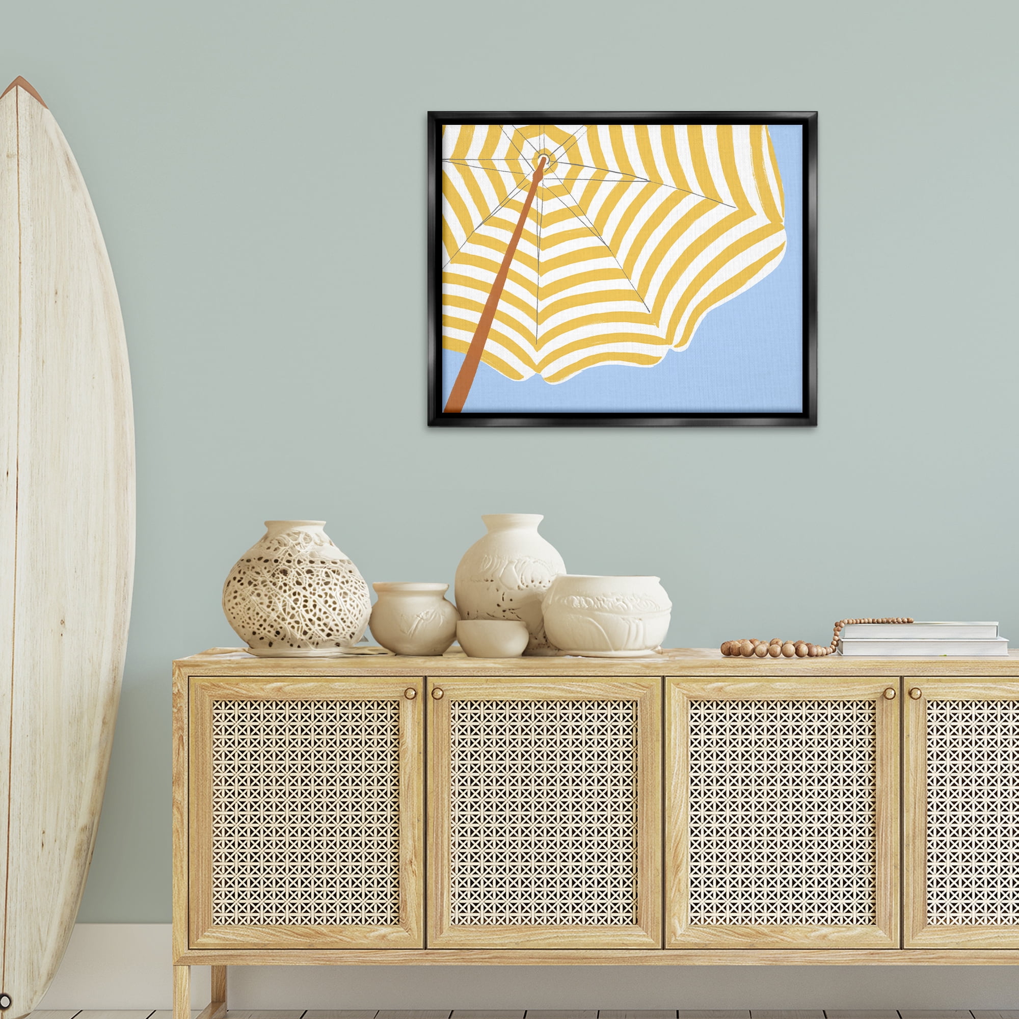 Stupell Industries Yellow & White Umbrella Coastal Painting Black Floater Framed Canvas Art Print Wall Art, 31 x 25