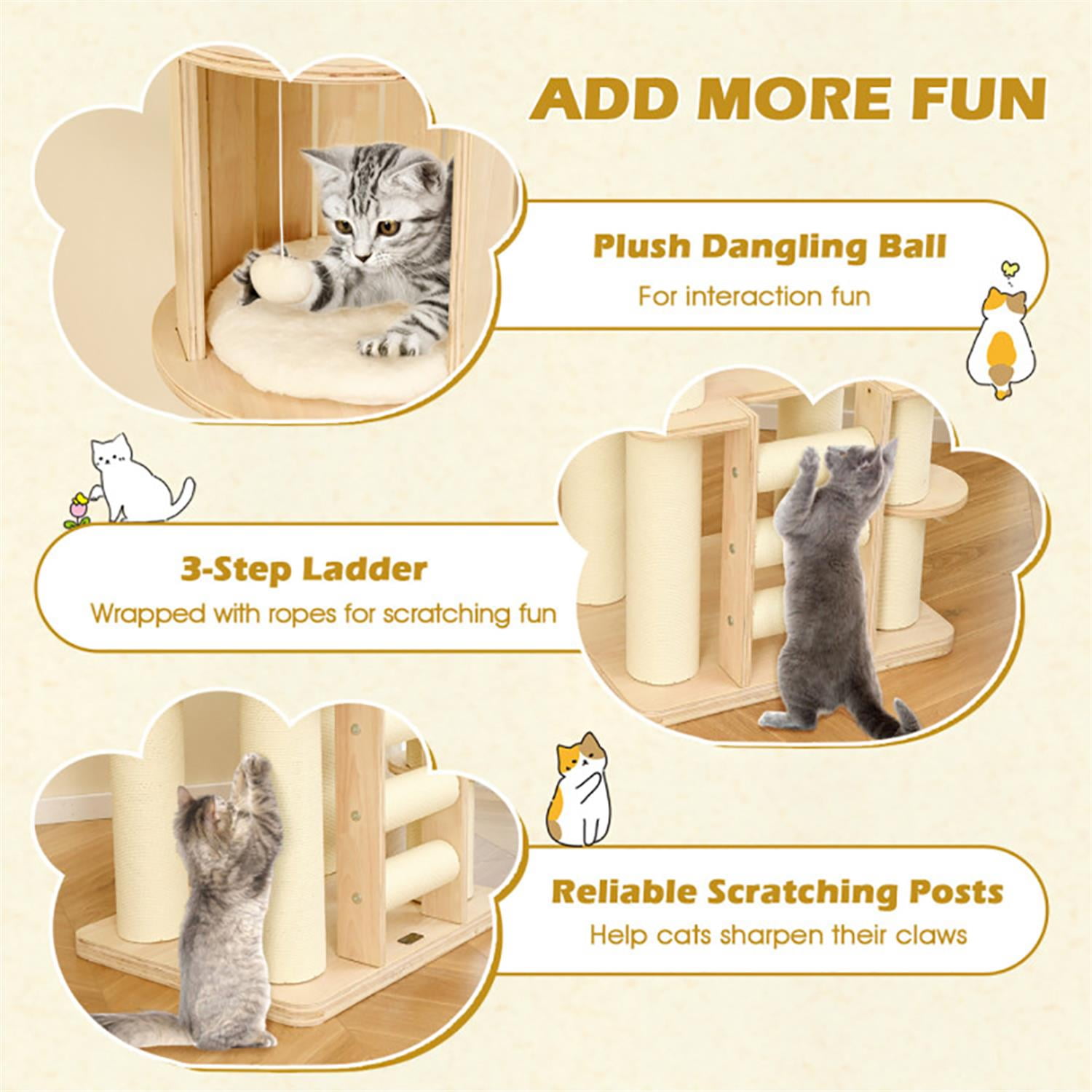 resenkos 71" Modern Cat Tree with Toy, Cat Tower Condo for Indoor Cats with Cozy Wooden Condos, Top Perch and Space Capsule, Beige
