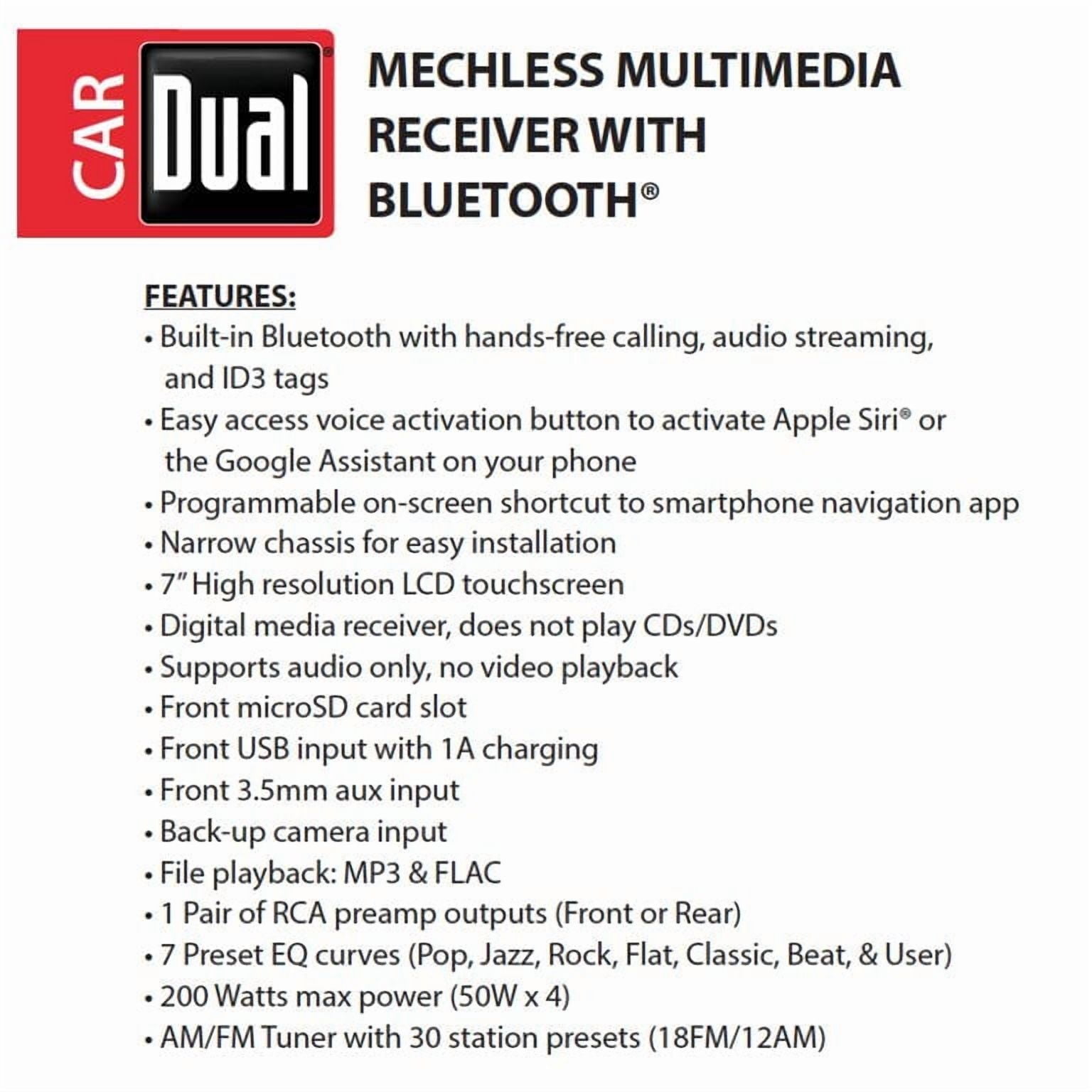 Dual Electronics XVM279BT Stéréo de voiture double DIN à écran tactile LED 7", Bluetooth, microSD, USB, MP3, activation vocale Siri/Google