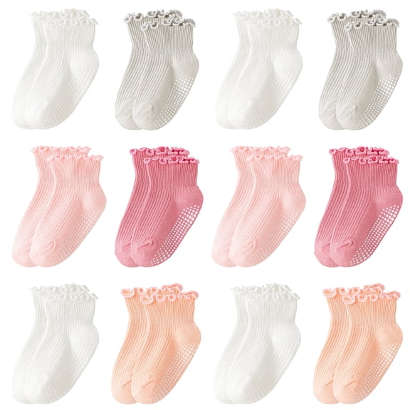 Yawlsow 12 Pack Toddler Socks with Grips, Non-Slip Ruffle Ankle Socks for Baby Girls, Size 3M-5T