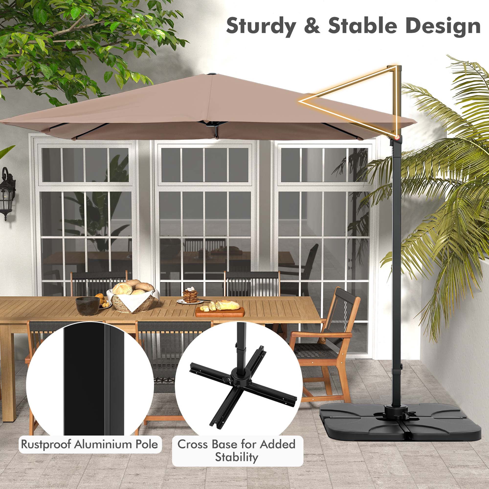 Costway 98.40" Coffee Square Cantilever Patio Umbrellas, Heavy Duty Frame