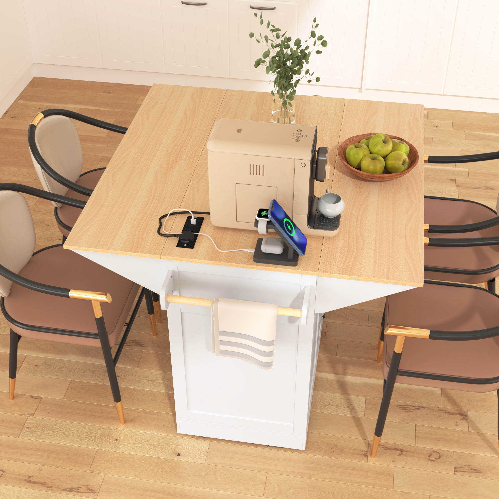 Yoneston 55.7" Kitchen Island with Drop Leaf and Power Outlet, Rolling Kitchen Cart with Spice Towel Rack, Folding Storage Dining Table with 3 Drawers 2 Doors for Kitchen Dining Room, White