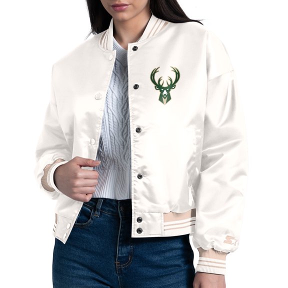 Women's Starter Cream Milwaukee Bucks Printed Logo Cropped Satin Varsity Full-Snap Jacket