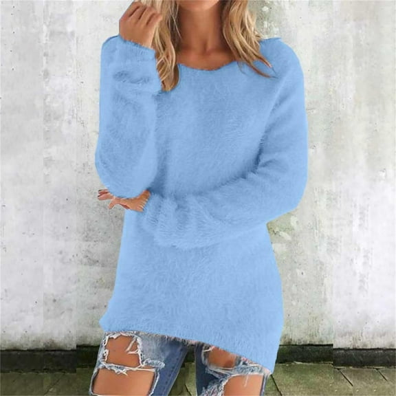 Women Sweaters Long Sleeve Fuzzy Knit Casual Chunky Pullover Sweater Fall Outfits Clothes Blue L