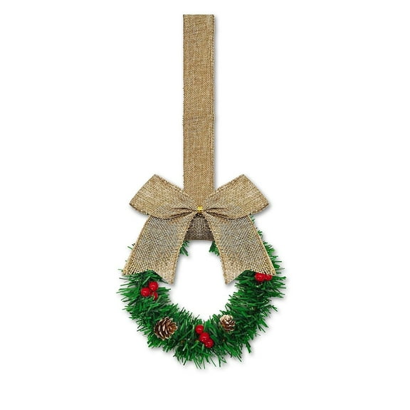 Yucurem 1 Pieces Christmas Kitchen Cabinet Wreath, Mini Vintage Kitchen Wreaths with Bow, Pine Cone & Red Berry for Xmas Window Indoor Chair Fireplace Porch Decor, 5 Inch