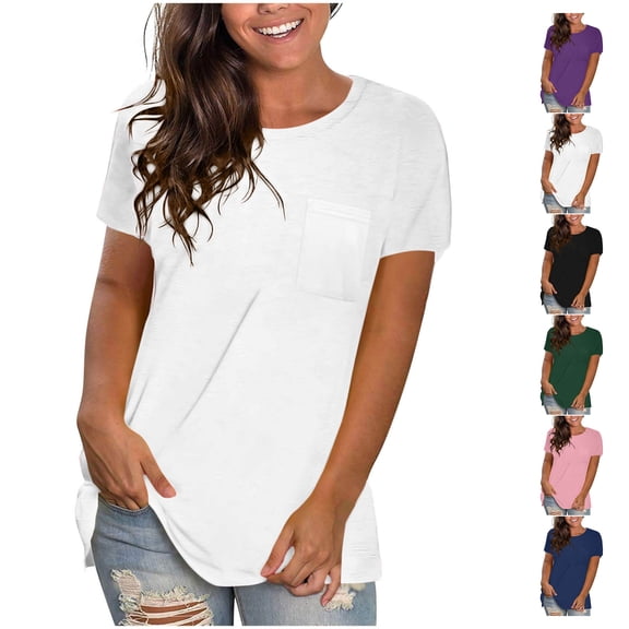Vmvidoty Womens Summer T Shirt Casual Plus Size Round Neck Pocket Tops White XXXL (Women's Plus）