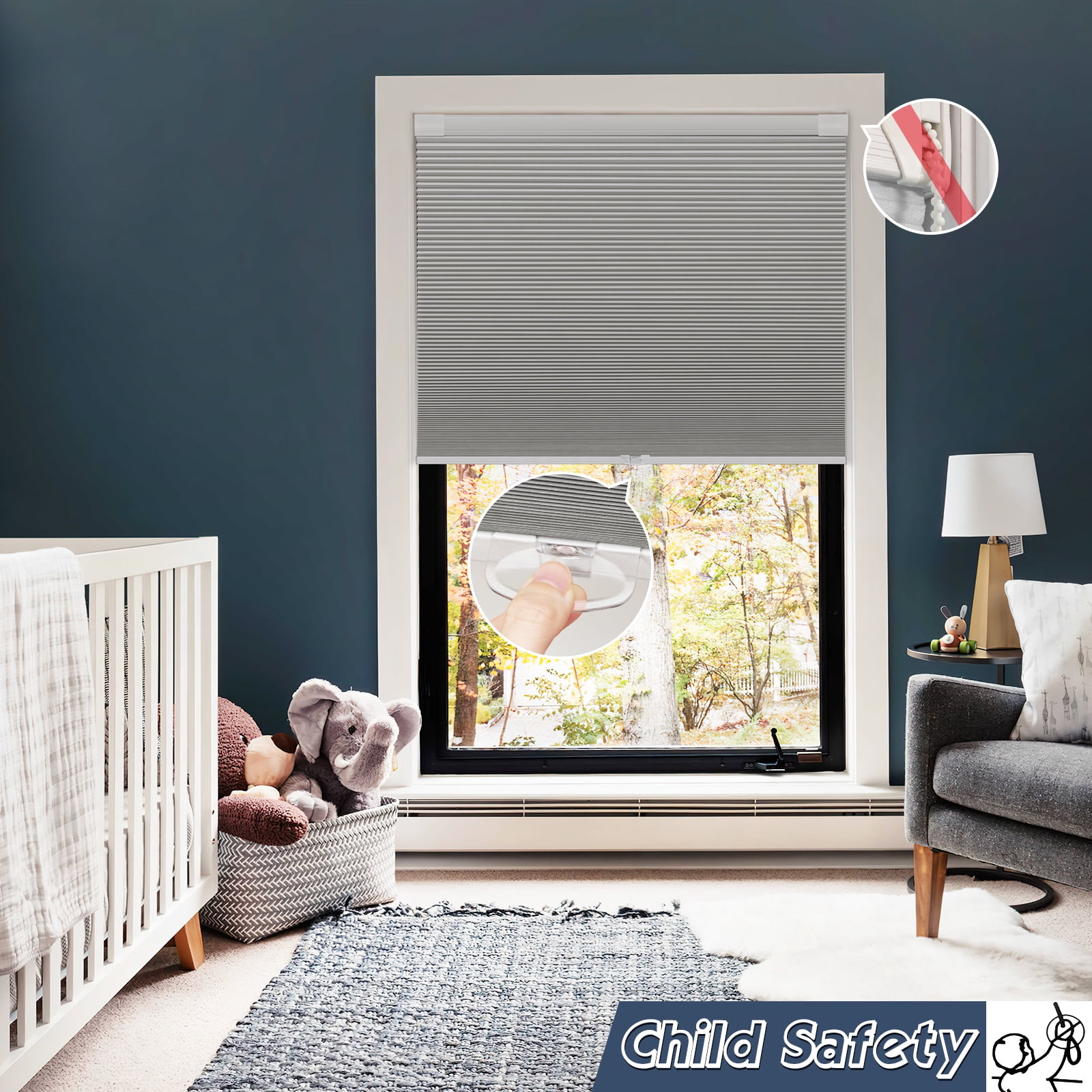 Keego No Drilling Cordless Cellular Shades Honeycomb Window Blinds Easy Installation Heat Insulating Noise Reducing Curtains Blackout Gray, 59.0"w x 54"h