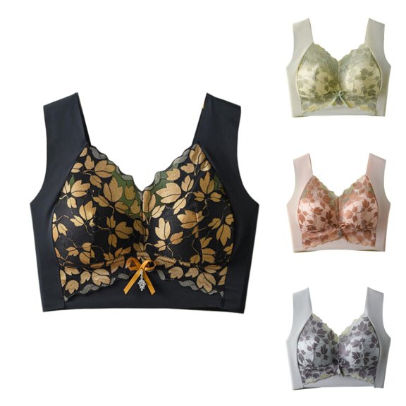 Gymayou Women Lace Wireless Bra Seamless Wide Vest Strap Push Up Bralette Gentle Gathering Comfort Bra Black L