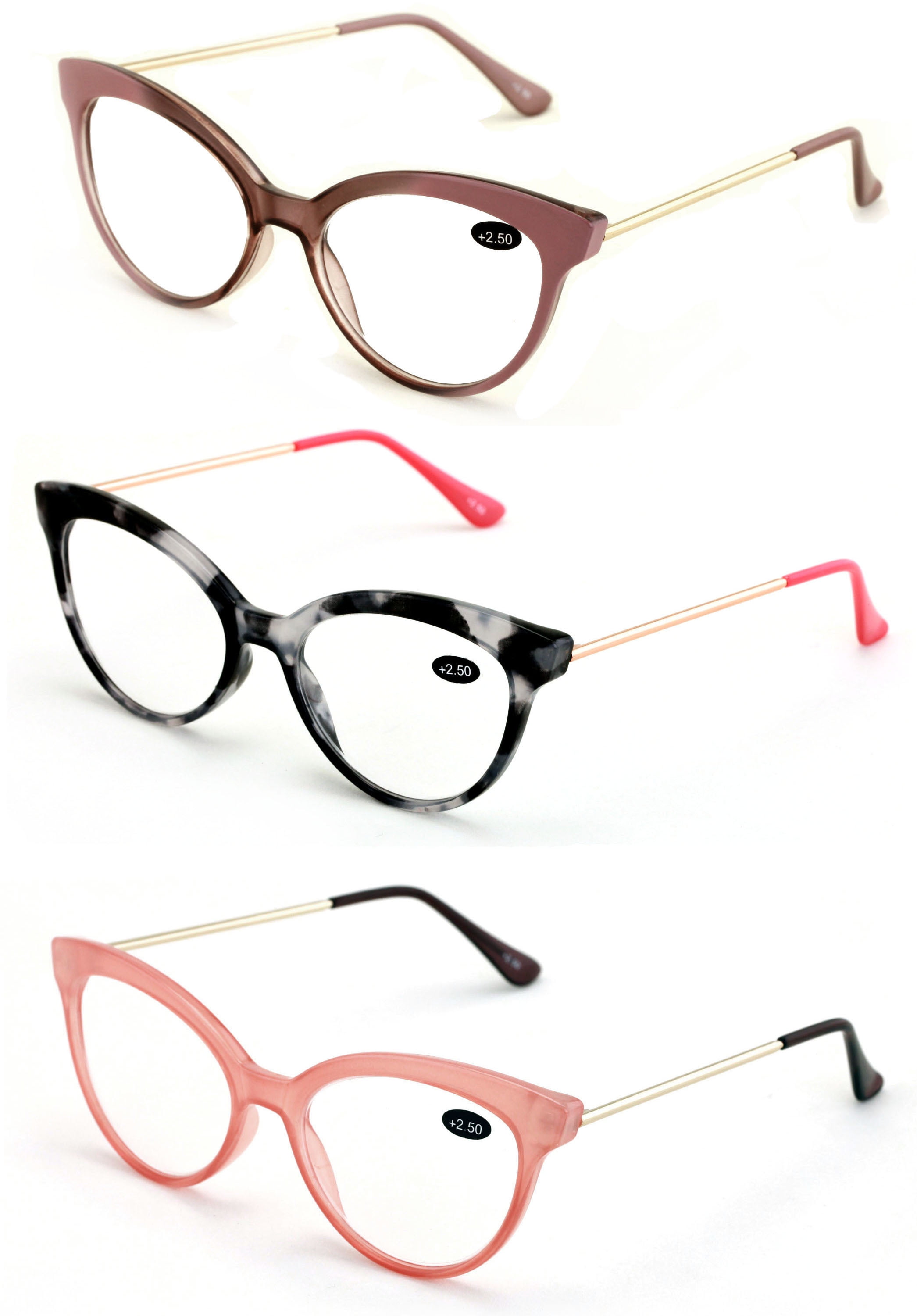 3 Pairs Women Cateye Pointed Tip Reading Glasses Metal Temple Cat Eye