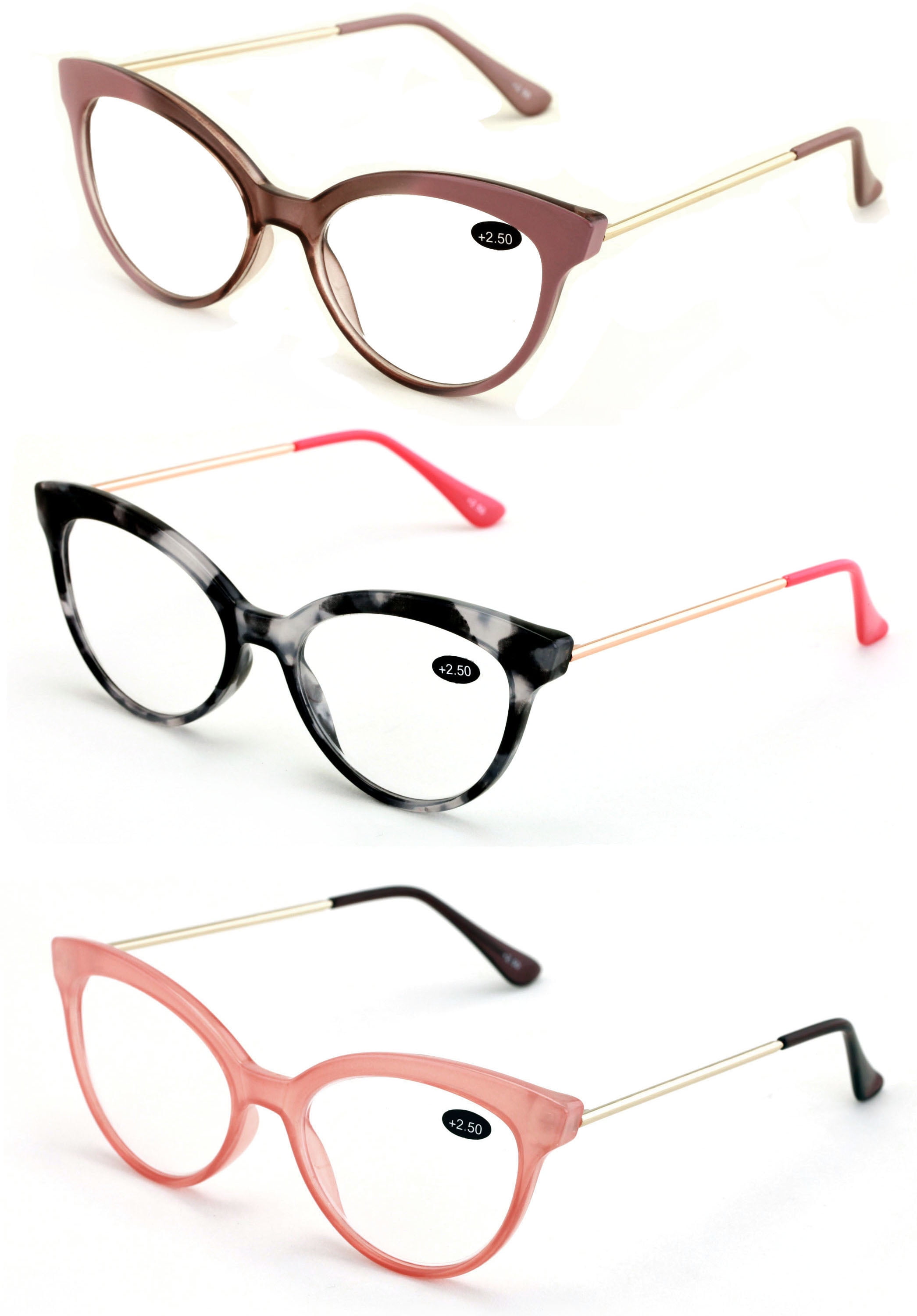 3 Pairs Women Cateye Pointed Tip Reading Glasses Metal Temple Cat Eye Readers