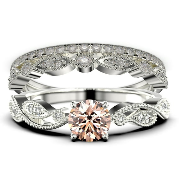 Dazzling 2.25 Carat Round Cut Morganite And Diamond Moissanite Classic Inspired Engagement Ring, Unique Twist Band Wedding Ring In 925 Sterling Silver With 18K White Gold Plating, Two Matching Band
