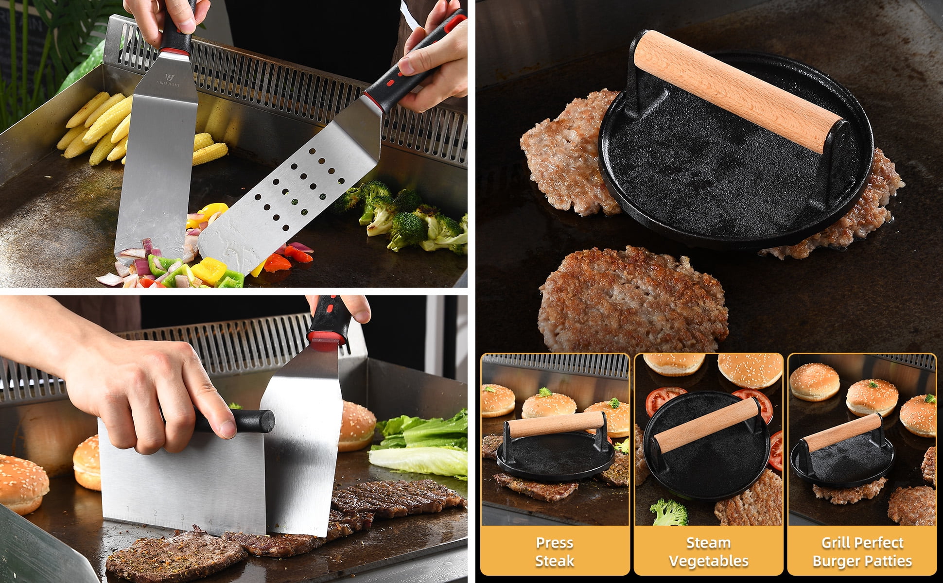 28PCS Griddle Accessories Kit, Flat Top Grill Accessories Set for Blackstone and Camp Chef, Grill Spatula Set with Enlarged Spatulas,Round Bacon Press, Basting Cover, Scraper for Outdoor BBQ