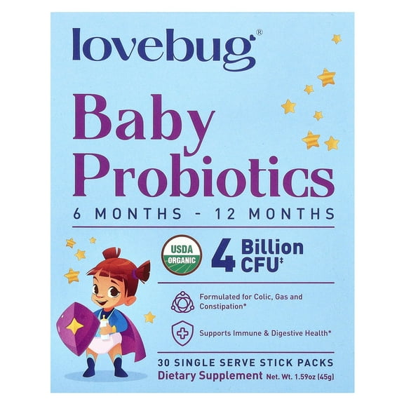 LoveBug Probiotics Award Winning USDA Organic Probiotic for Babies, 6-12 Months, 30 Packets