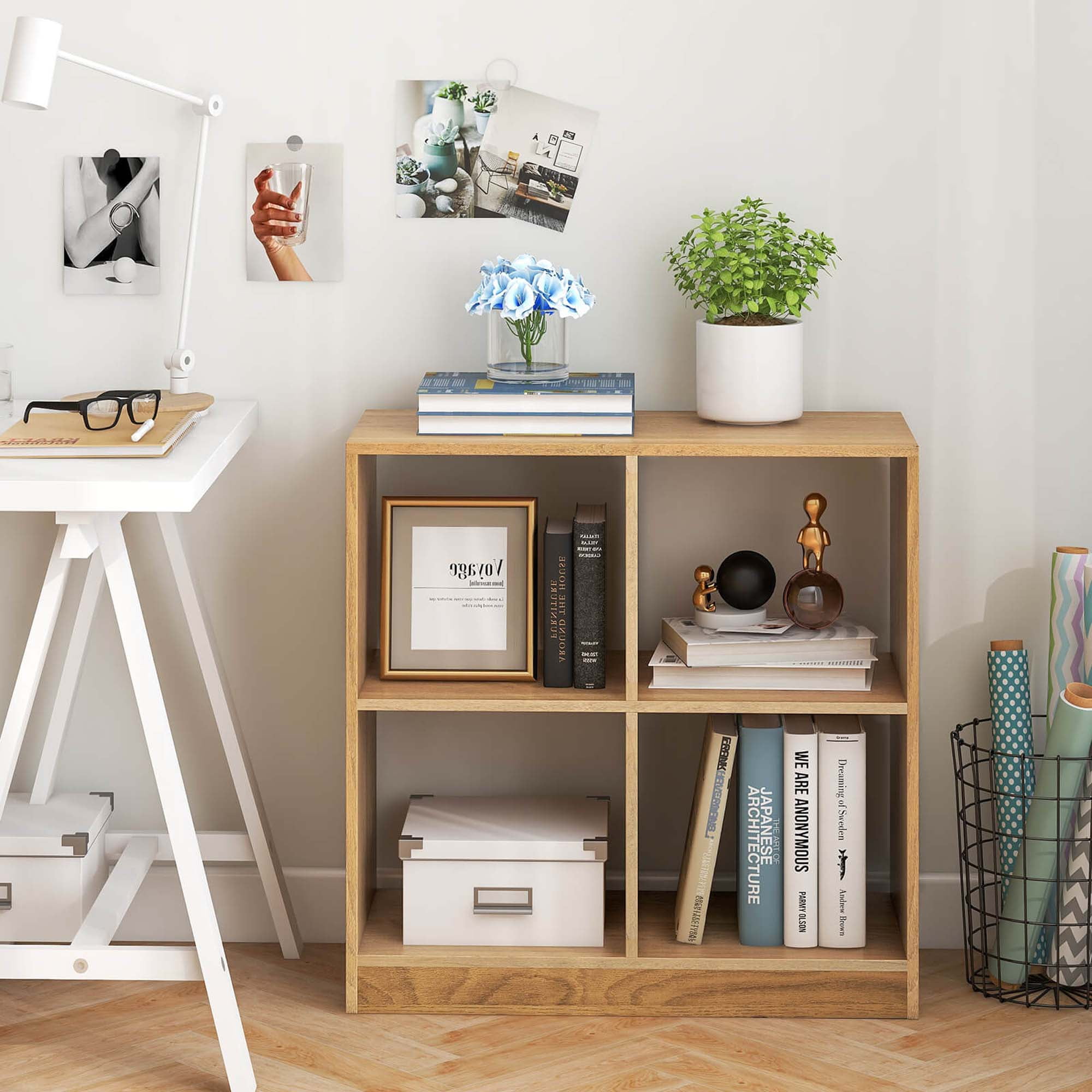 Costway Kids Toy Storage Organizer 4-Cube Wooden Display Bookcase with Anti-toppling Device Natural