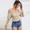 thumbnail image 5 of CoCopeaunt Women Summer Tops, Sexy Beige Off Shoulder Short Puff Sleeve Ruched Top Soft Blouses for Office Vacation Spring, 5 of 6
