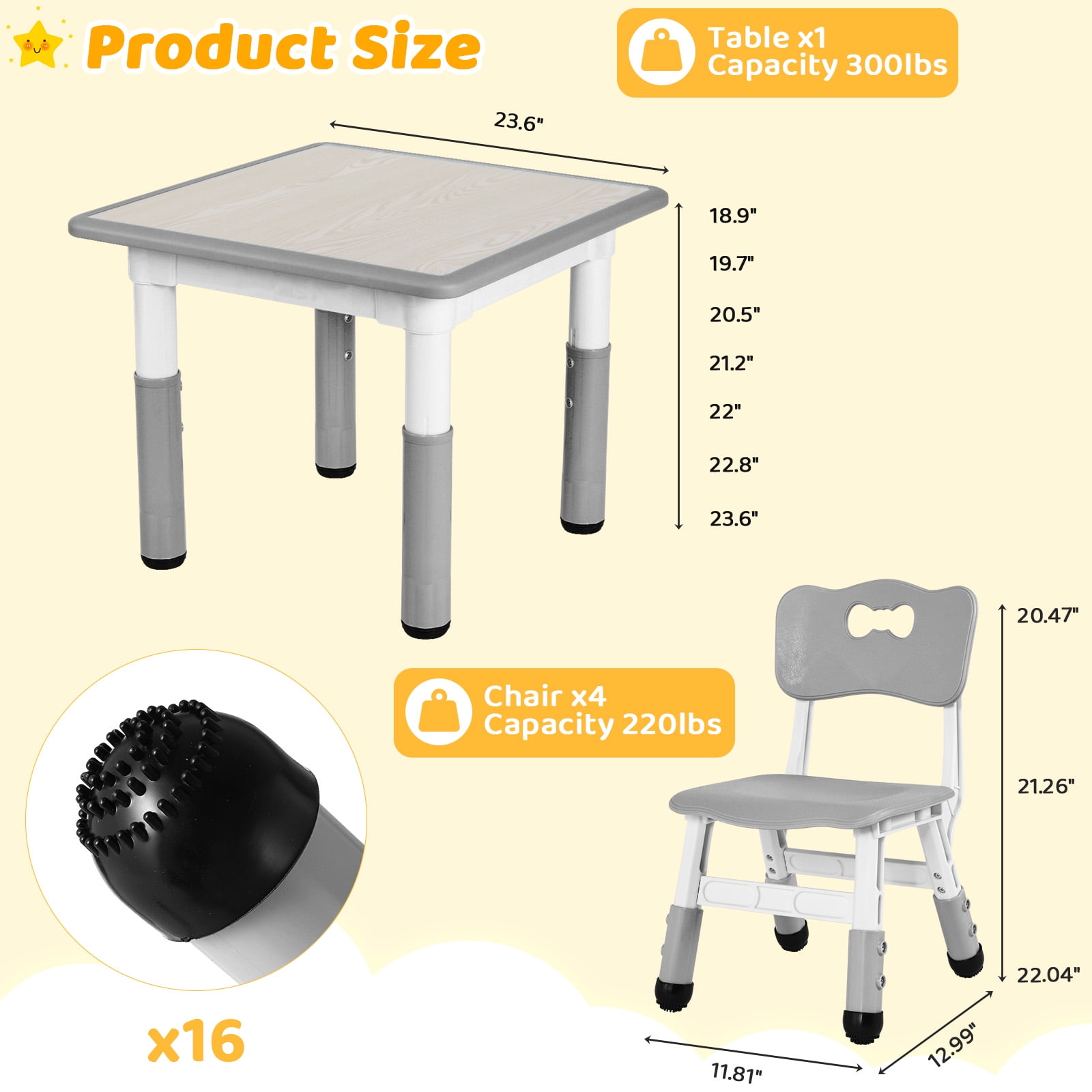 TLSUNNY Kids Table & 4 Chairs Set, Height Adjustable Children Activity Table Set for Ages 2-10, Gray