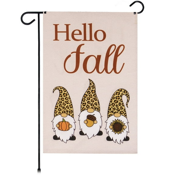 G128 Hello Fall Garden Flag Double-Sided with Three Gnomes, Pumpkin, Acorn, Sunflower Design, 12x18 in Burlap Outdoor Decoration