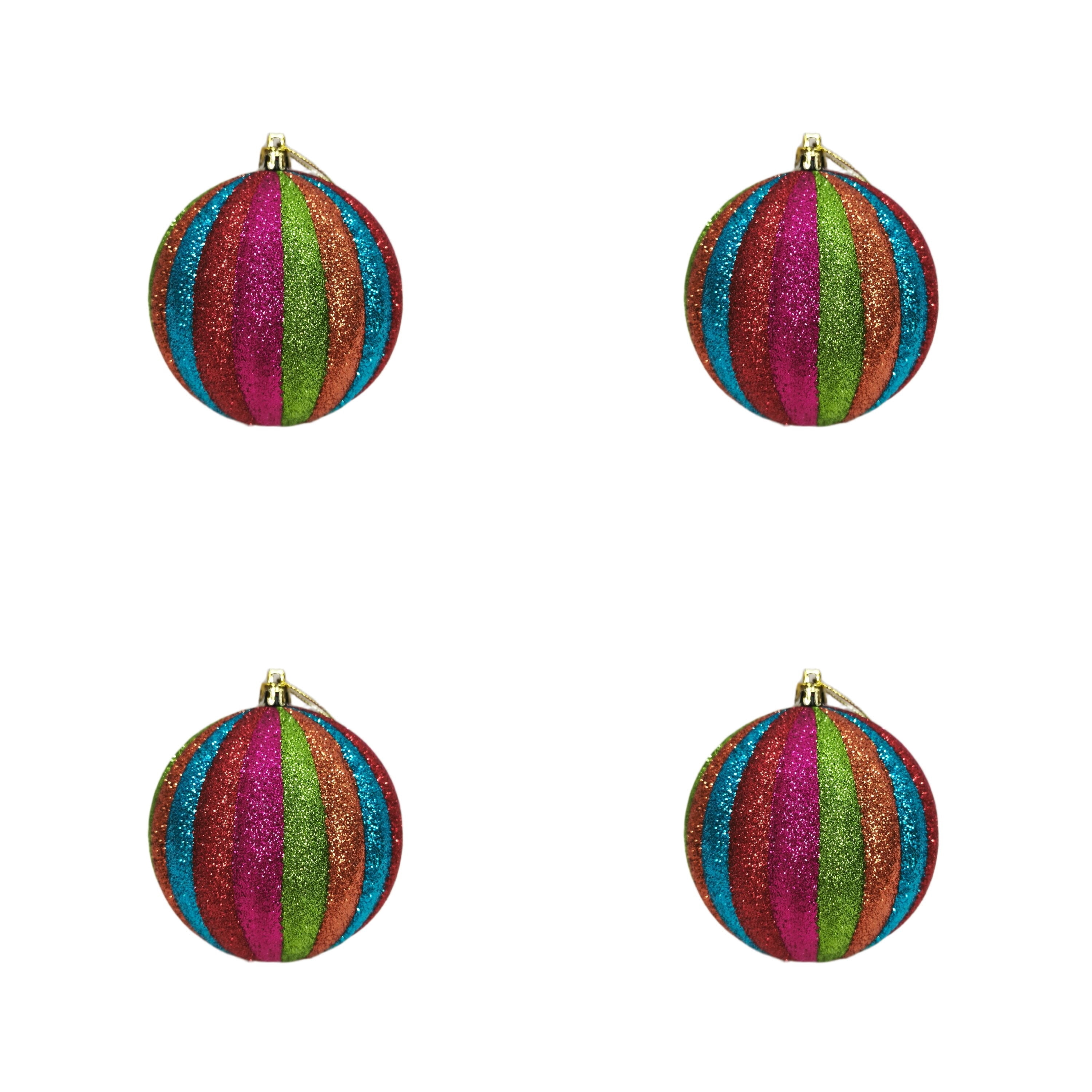 4-Count Multicolor Glitter Stripe Ball Christmas Ornaments, 3.9", by Holiday Time