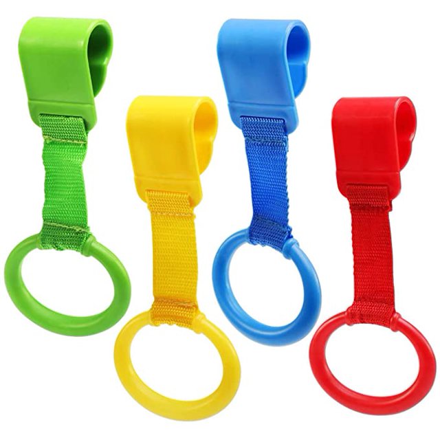 anillo para cuna de bebé, anillos de plástico para cuna que ayudan al bebé a ponerse de pie en el entrenamiento de equilibrio (4 piezas) Juego de 4 anillos en verde, amarillo, azul y rojo con correas de nylon y clips de plástico ABS que se sujetan al borde de la cuna; livianos, fáciles de instalar sin tornillos y adecuados para ejercicios de bipedestación o para colgar juguetes pequeños.