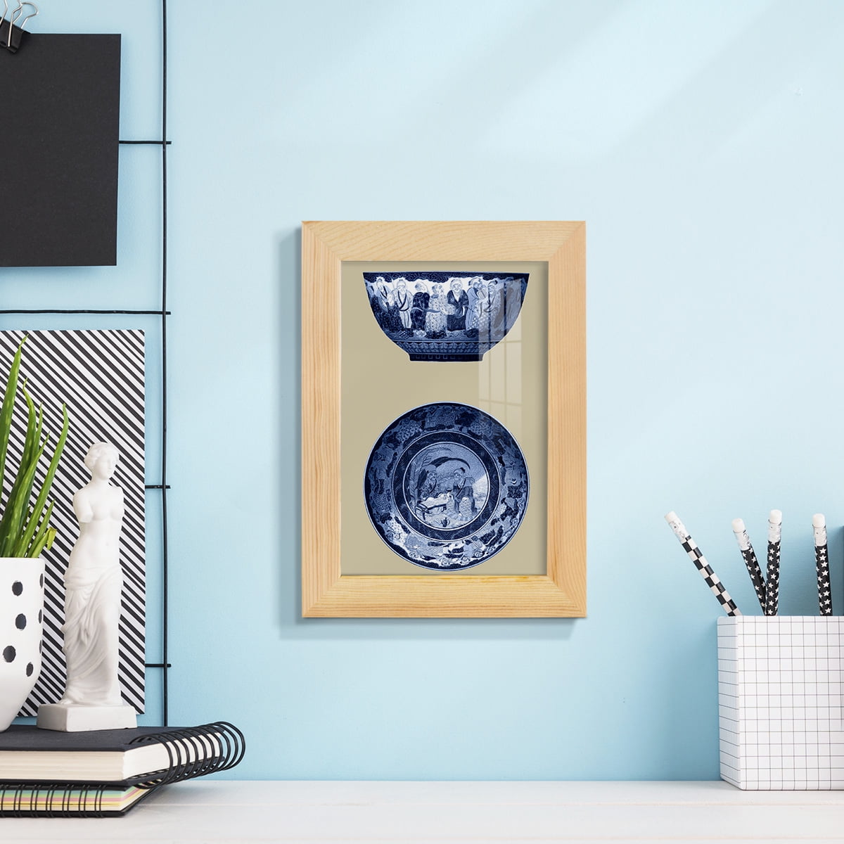 Porcelain in Blue and White II -Framed Print w/glass-Natural Wood