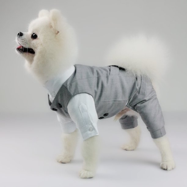 Esmoquin formal para perro, conjunto de disfraz y pañuelo para camisa de boda con pajarita, ropa elegante para perro, esmoquin para boda, fiesta, festival, Halloween, Navidad (gris S)