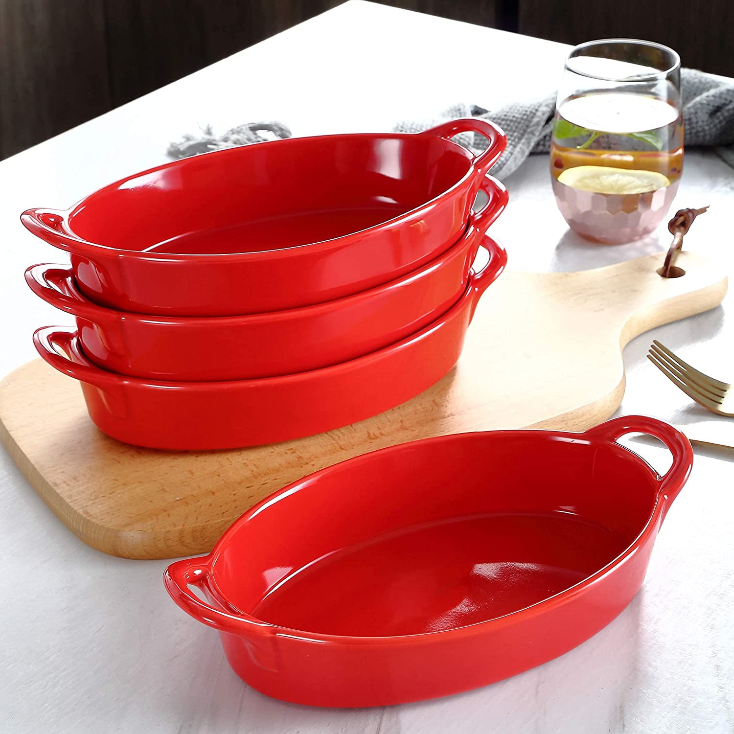 Red Porcelain Bakeware Ideal for Creme Brulee easy cary handles nice table Serving dish Bruntmor Set of 4 Oval Au Gratin 8x5 Baking Dishes Lasagna Pan 