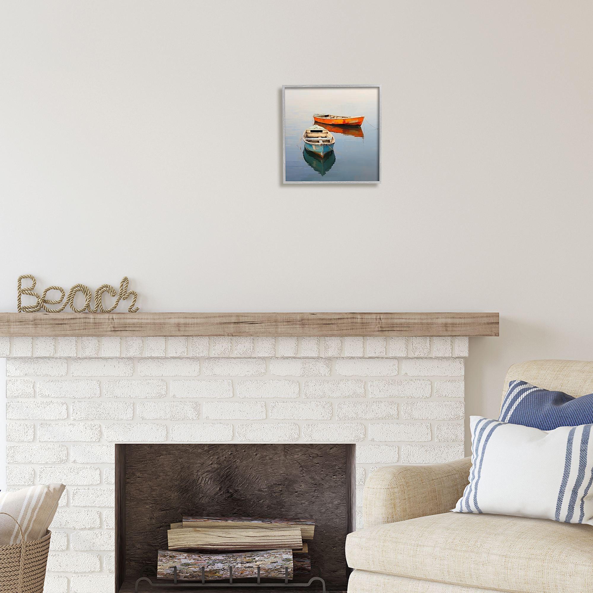 Stupell Industries Orange & Blue Boats Transportation Painting Gray Framed Art Print Wall Art, 12 x 12