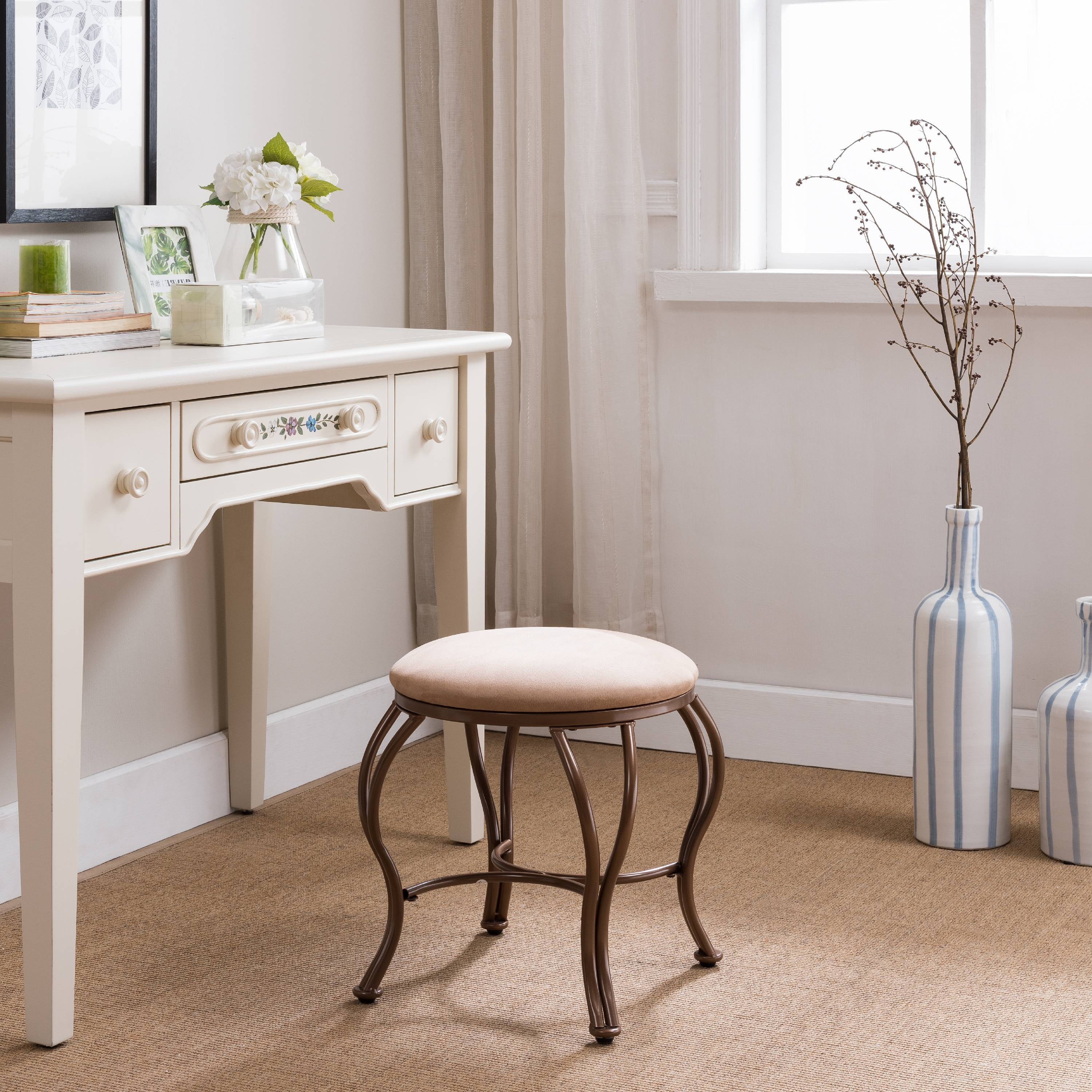 Namon Vanity Makeup Dressing Stool, Gold Metal Wavy Legs & Brown Upholstered Microfiber Seat 