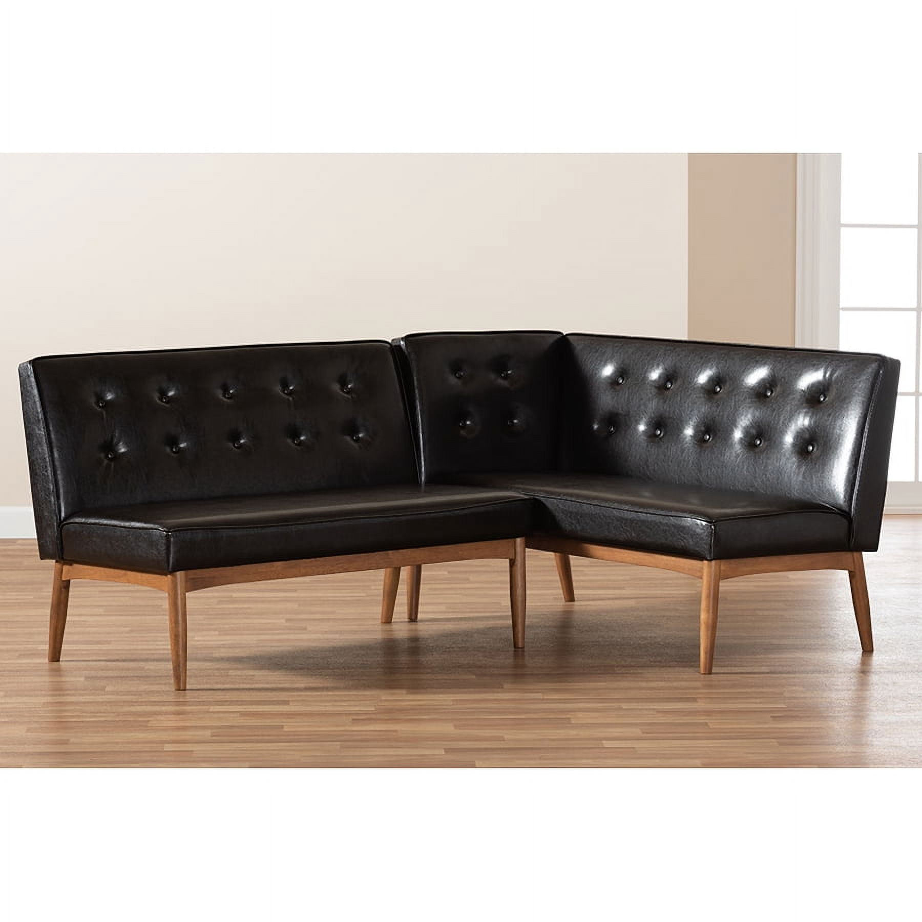 Baxton Studio Arvid Mid-Century Modern Dark Brown Faux Leather Upholstered 2-Piece Wood Dining Corner Sofa Bench