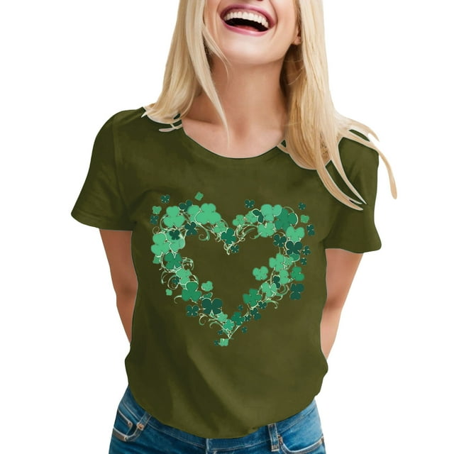 LUOGENLI T-shirts pour Femmes 2024 Mode Féminine Imprimé Saint-Patrick Col Rond Manches Courtes Haut Décontracté T-shirts (5) T-shirts Graphiques Vintage Saint-Patrick Vert Armée TTG