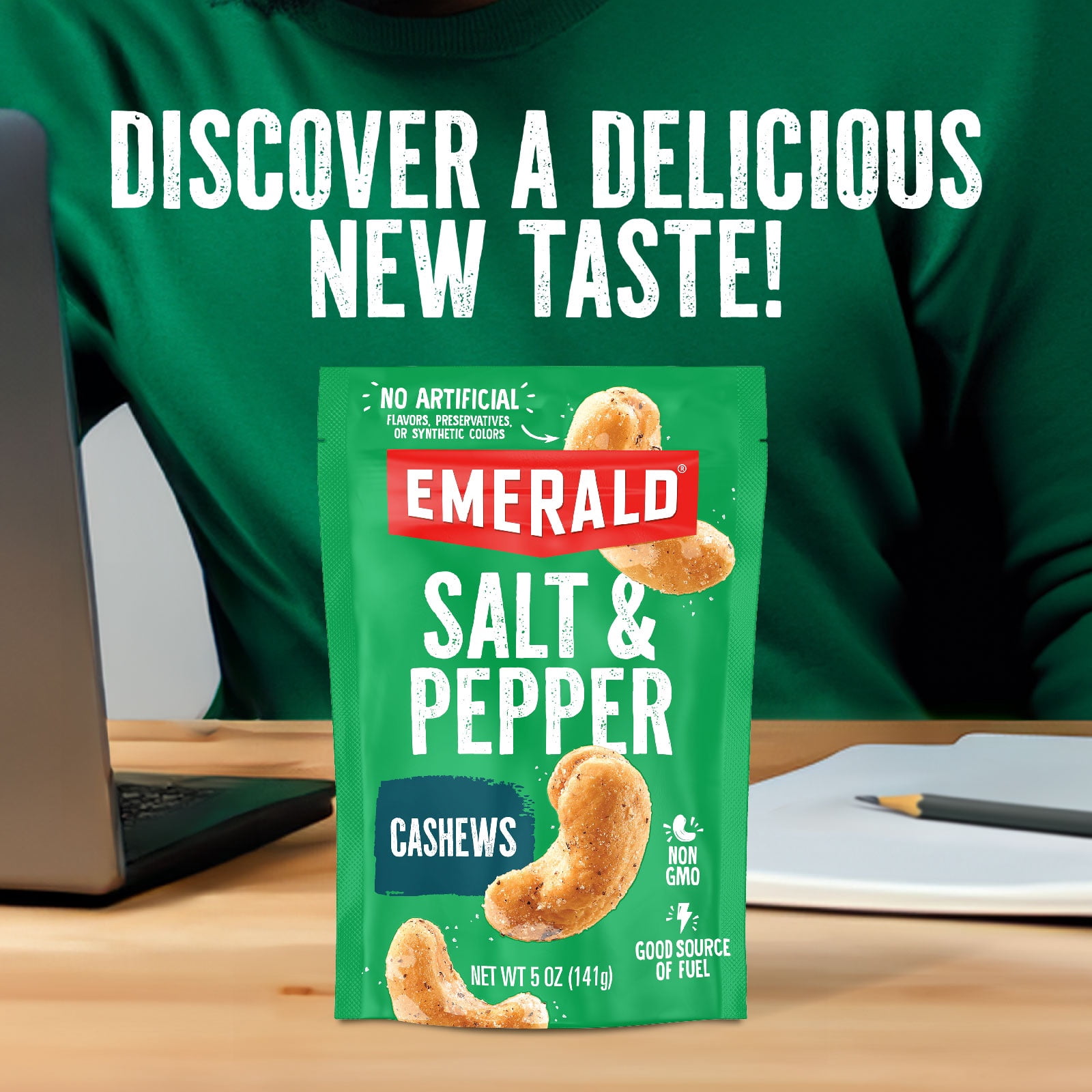 Emerald Nuts, Salt and Pepper Cashews, Stand Up Bag, 5 Ounce (Pack of 2)