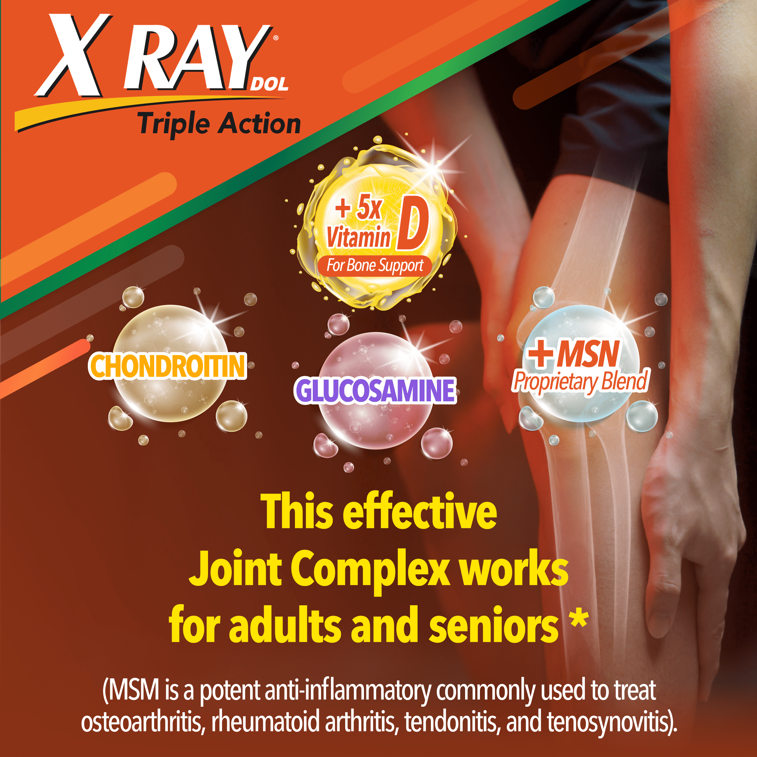 X Ray Triple Action Joint Health Supplement, Glucosamine Chondroitin, MSM, Vitamin D, 60 CT (Pack of 6)