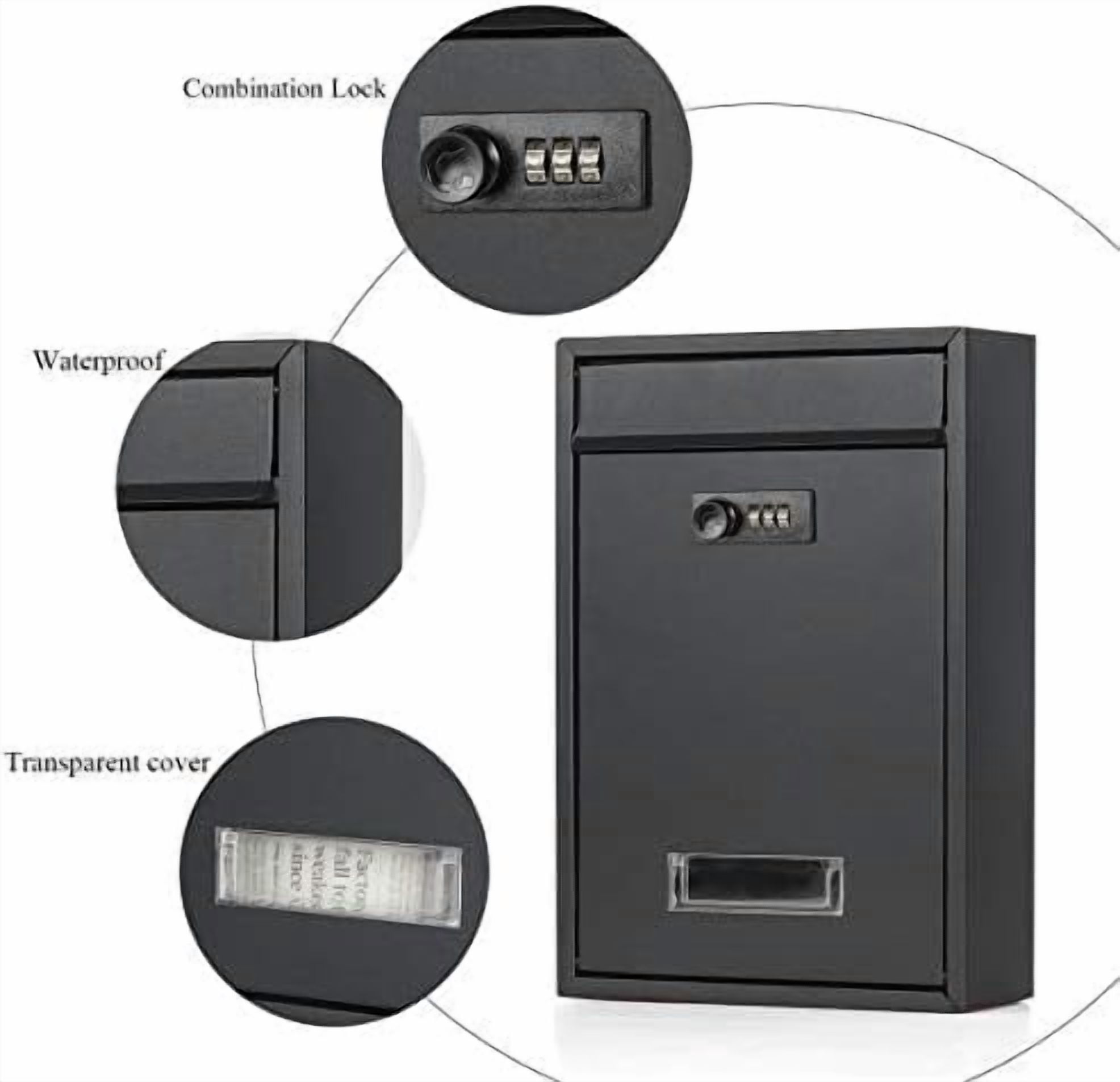 Locking Mailbox Wall Mounted Vertical-  Mail Boxes with Combination Lock Large Capacity, 12.6 x 8.46 x 3.35 Inch, Black Matt