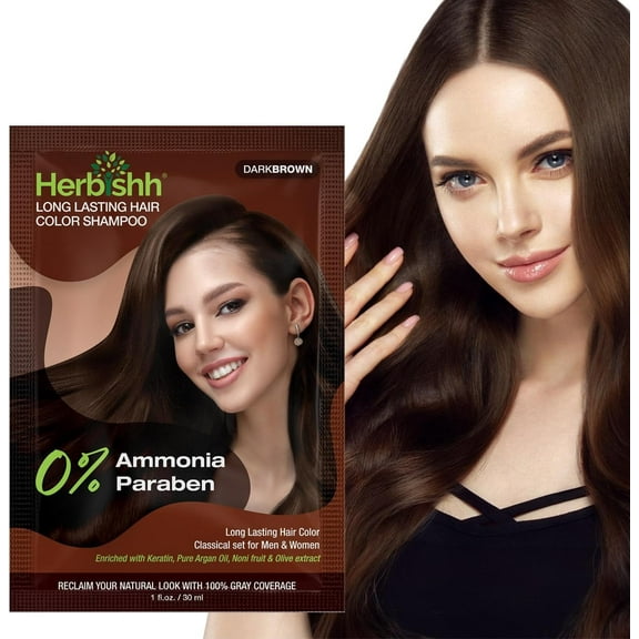 Herbishh Dark Brown Hair Color Shampoo for Gray Hair, 3-in-1 Dye Cleanse & Condition, Ammonia-Free, Long-Lasting Coverage, Easy to Use, Travel Pack, 30ml Each Sachet, Ideal for Men & Women, Pack of 1