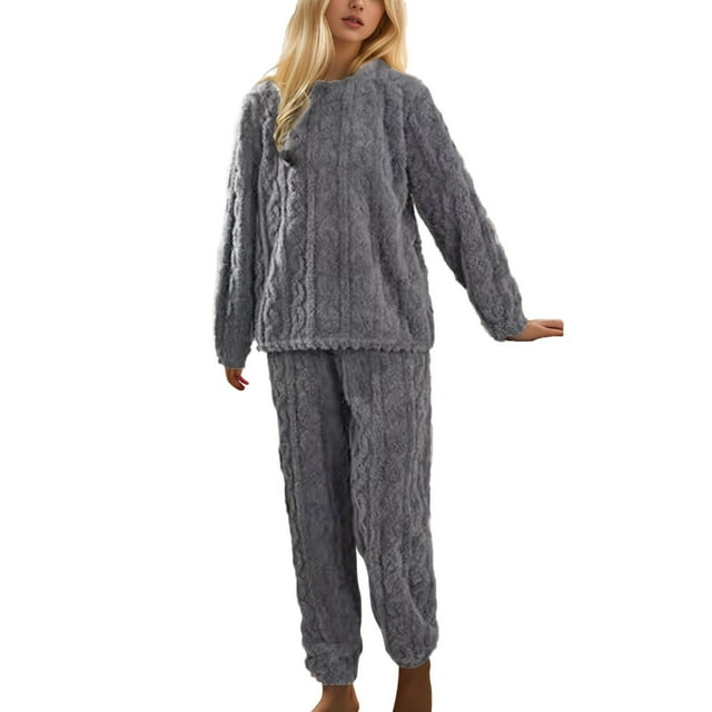 Ensembles de Pyjama Confortables pour Femmes Pyjamas Basiques Chauds en Tricot Ensemble de Vêtements de Nuit 2 Pcs