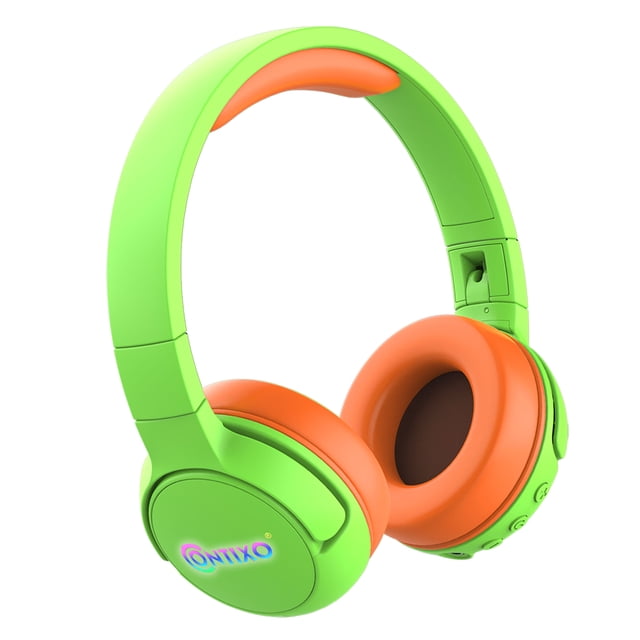 Contixo Kid Safe 85dB On Ear Auriculares inalámbricos Bluetooth plegables, microteléfono incorporado, entrada y salida de audio (verde + naranja)