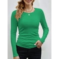 thumbnail image 3 of Womens Ribbed Long Sleeve Crewneck Casual Slim Basic Shirts Fitted Knit Tops Green XXL, 3 of 6