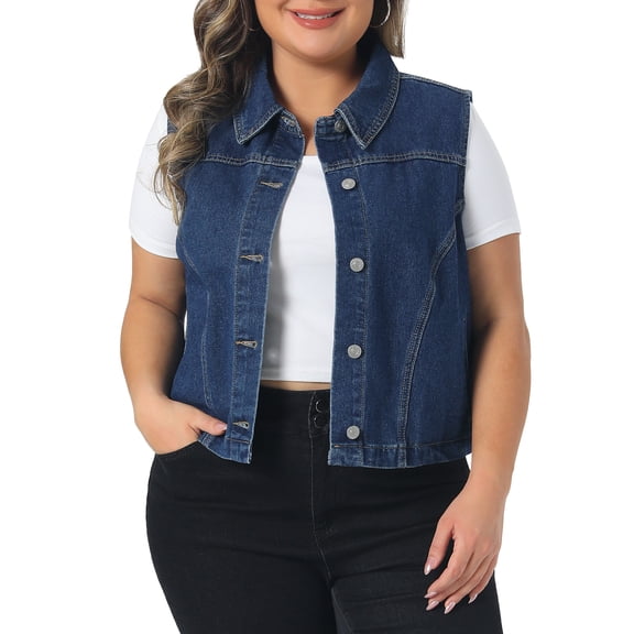 DARING DIVA Women's Plus Collared Neck Button Down Waistcoat Jean Vest 1X Dark Blue