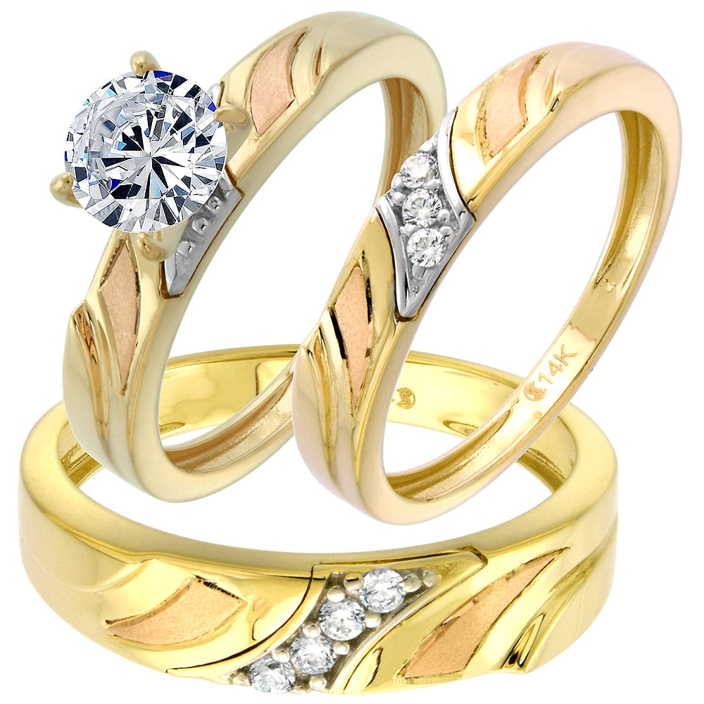 14k Yellow Gold his hers Round cut Trio 3 Engagement Wedding Band Ring Set 75 10