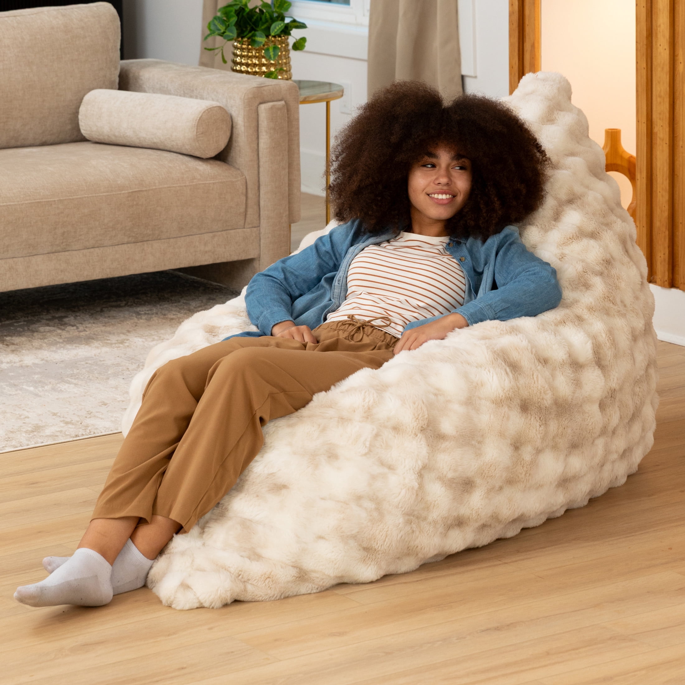 Raven-Symoné Home Pillow Saxx LoungePuff, Giant Floor Pillow & Faux Fur Lounger - Phantom Cream