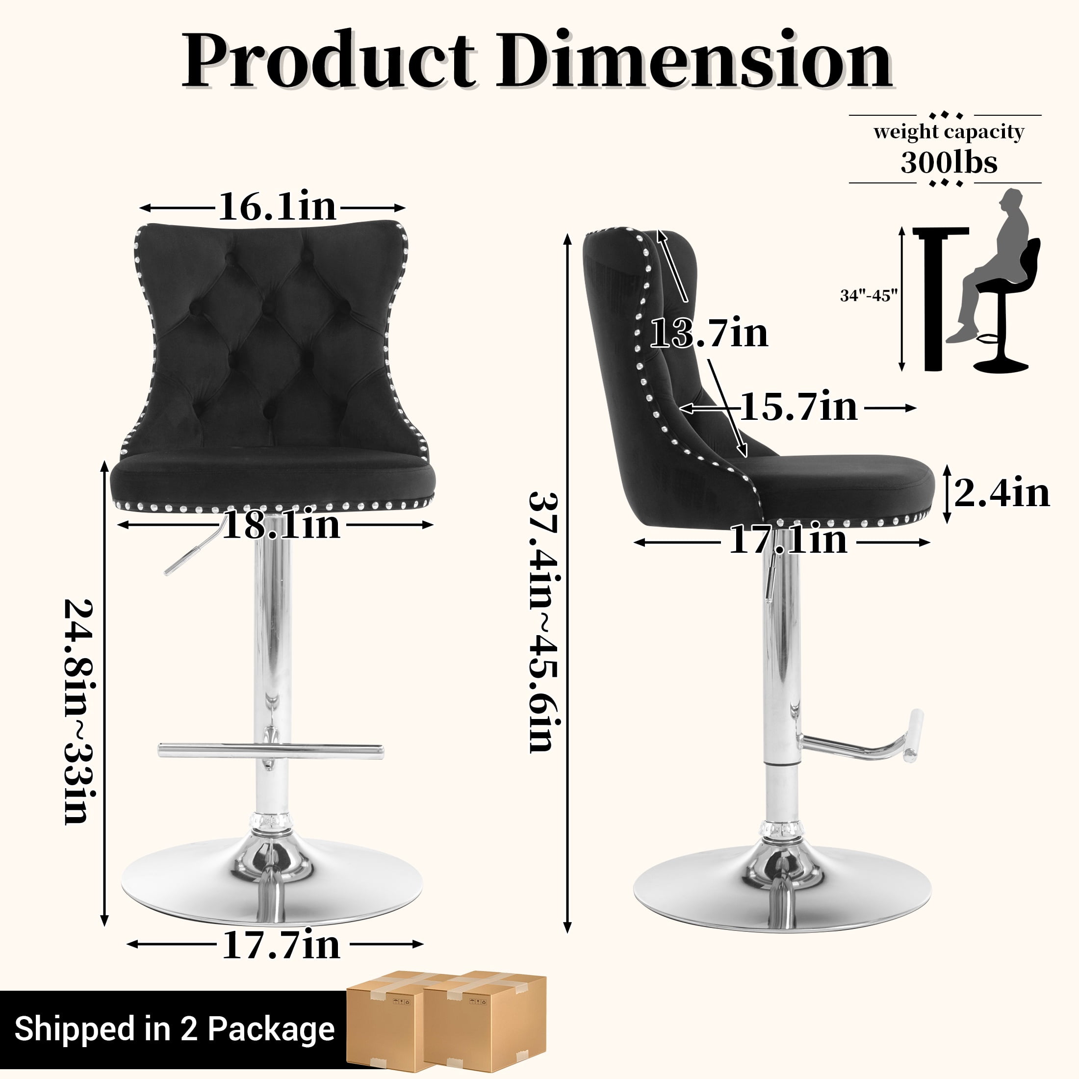 PAPROOS Bar Stools Set of 4, 360°Velvet Swivel Barstools with Backs, Chrome Base, Adjustable Seat Height from 25-33 inch, Counter Height Bar Chairs for Kitchen Island, Home Bar, Black