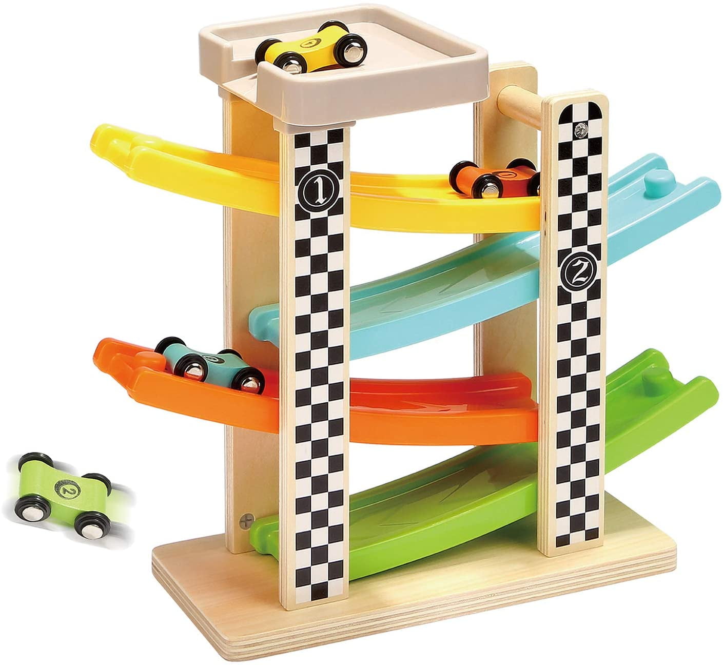 Toddler Toys Gifts Wooden Race Track Car Ramp Racer With 4 Mini Cars For Kids 