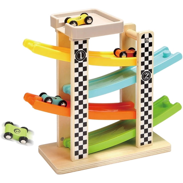 TOP BRIGHT Juguetes para Niños Pequeños para Niños de 1 a 2 Años, Regalos para Niños y Niñas, Pista de Carreras de Madera, Coche de Carreras con 4 Mini Coches
