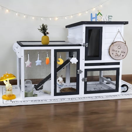 2-Story Bunny Hutch Indoor Outdoor Cage with Pull-Out Tray & Wheels | Weatherproof Hutch | Easy to Clean | Guinea Pig Cages | Easy Assembly | -Proof House | Small Hutch