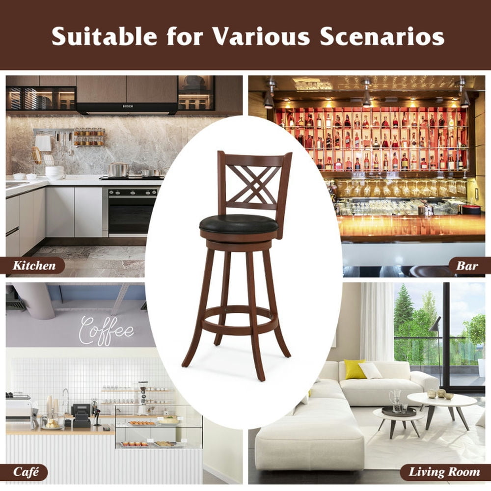 Demi Bonn 29" Set of 2 360° Swivel Upholstered Barstools with Back and Footrest, Modern Kitchen Dining Chair, Brown