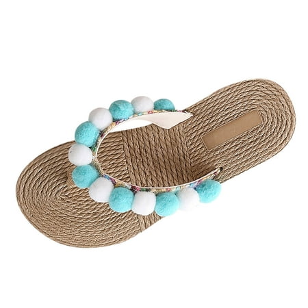 

Fashion Summer Women Slippers Thick Soled Wedge Heel Light Colorblock Wool Ball Simple Design Flip Flop Beach Style