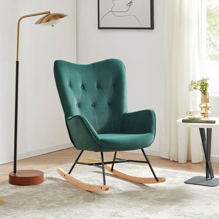UPC: 0192928033083 | BELLEZE Modern Rocking Chair Tufted Upholstered Velvet Accent Rocker Chair Solid Wood Leg Wing Back Nursery Glider Armchair Single Sofa Chair for Living Room and Bedroom- Finnegan (Green)