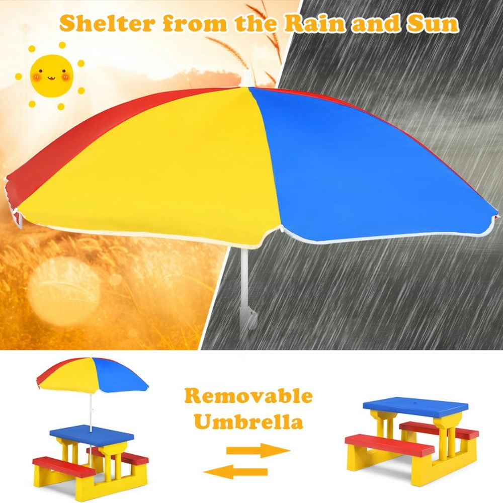 Spaco Kids Picnic Folding Table and Bench with Umbrella-Yellow, Toddler Table and Chair Set for Arts & Crafts, Snack Time, Homeschooling, Homework