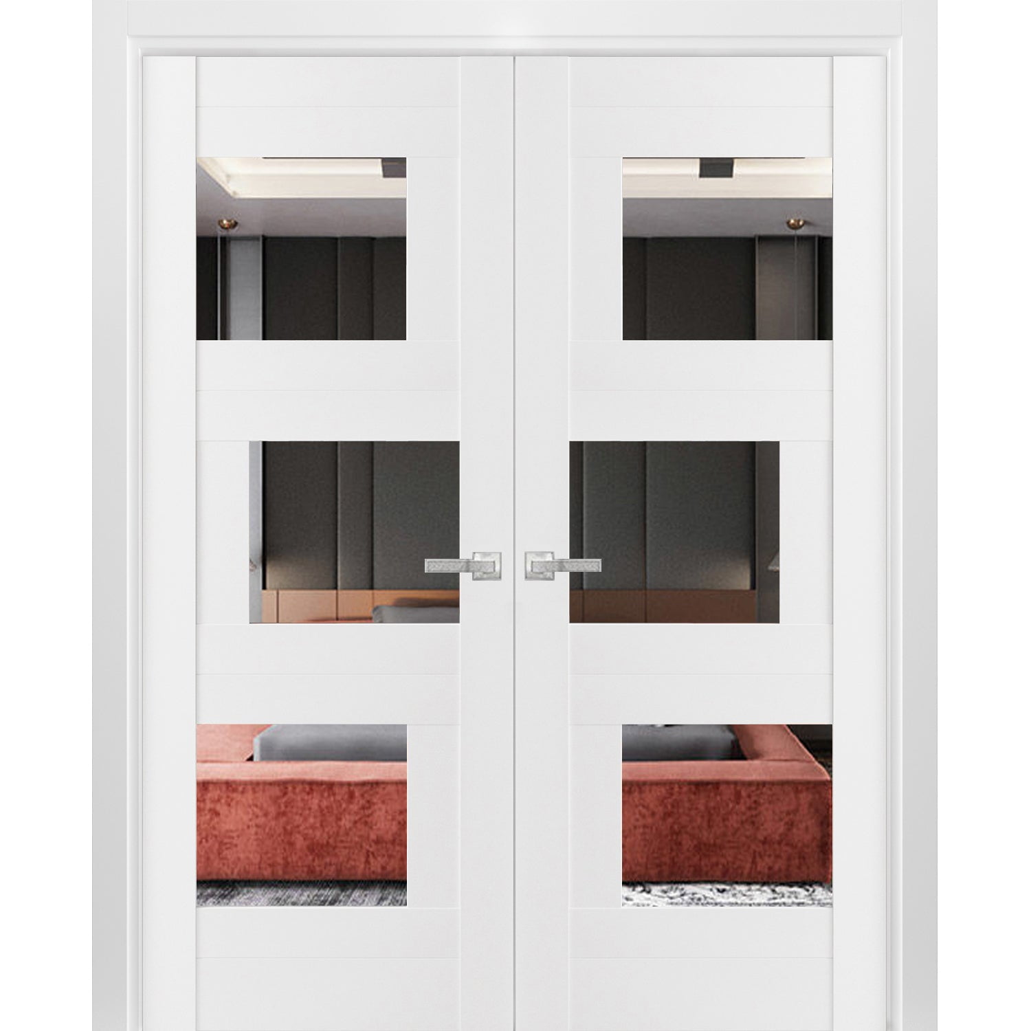 Solid Interior French Doors 64 x 84 inches | Sete 6999 White Silk with Mirror | Wood Solid Panel Frame Trims | Closet Bedroom Sturdy Doors - Walmart.com