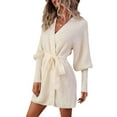 thumbnail image 1 of KOMOO Women Knitted Coat Wrap Dress Fall Spring Long Sleeve V Neck Short Dress with Waistband Casual Sweater Tunic Dress, 1 of 8